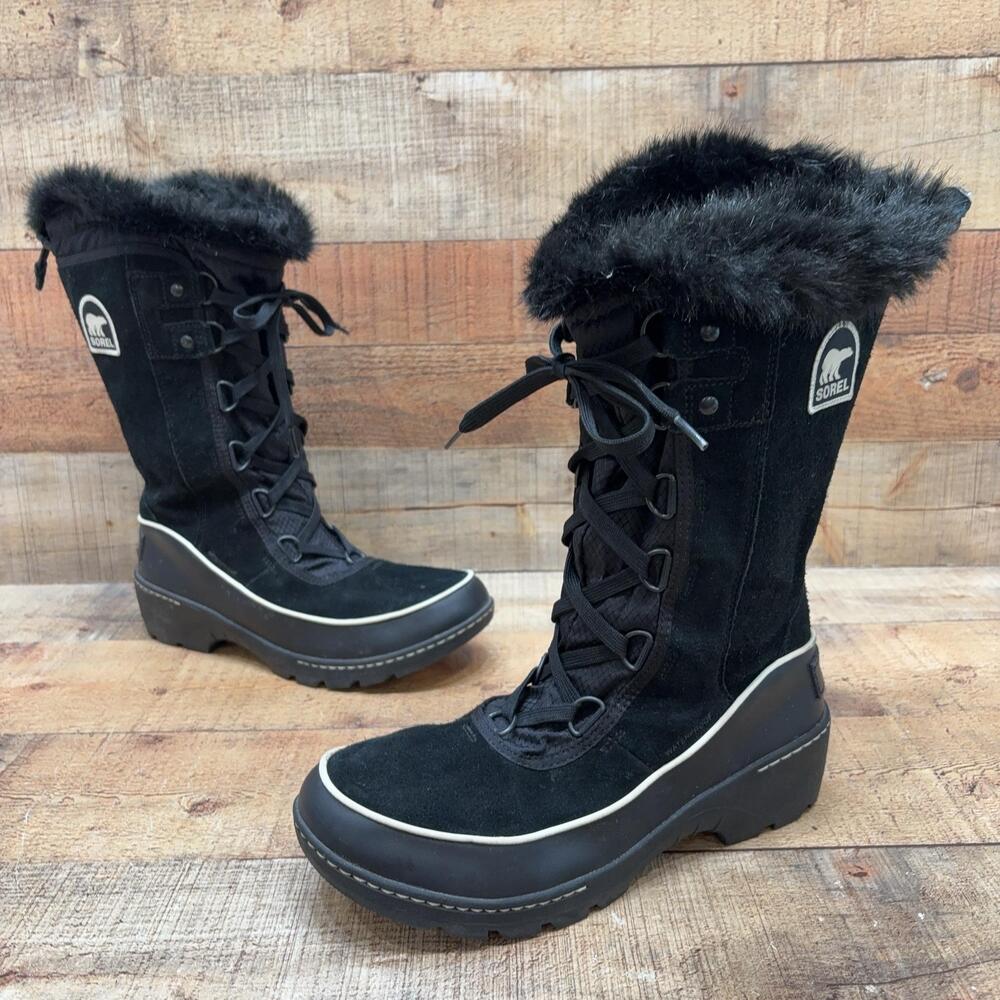 Sorel Snow Boots Womens Size 10 Black Suede Faux Fur Mid Calf Waterproof